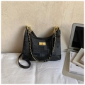 Dunkelgraue Denim-Tasche mit schwarzen Lederbesätzen und goldener Kettenverzierung - Schwarz