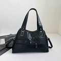 Retro black PU leather large capacity tote bag with silver zippers and adjustable strap - Black