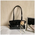Minimalist black patent leather underarm tote bag with a cute brown teddy bear pendant - With Pendant / Black