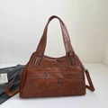 Retro dark brown oversized tote bag with silver pin zippers and adjustable strap - Yellow Brown