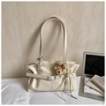 Minimalist creamy white pleated tote bag with cute plush bear charm and adjustable straps - With Pendant / Off White