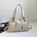 Minimalist cream leather shoulder bag with multi-zipper compartments for women - Off White