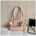 Pink faux leather tote bag with pleats and cute teddy bear charm for women - With Pendant / Pink