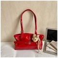 Chic bright red patent leather shoulder bag with vintage buckle and cute plush bear charm - With Pendant / Red