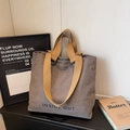 Canvas tote bag in taupe with yellow handles and large INSIDE OUT print - Gray