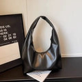 Classic black wrinkled PU leather hobo shoulder bag with minimalist wide strap design - Black