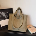 Olive green large canvas tote bag featuring white graphic print and wide shoulder straps - Green