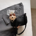 Black matte semi-moon shoulder bag with bear pendant and minimalist crossbody strap - Plush Bear Pendant Included / Black