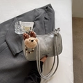 Silver crescent shoulder bag with metallic finish and cute plush bear charm accessory - Plush Bear Pendant Included / Silver