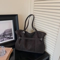 Vintage donkerbruine grote shopper met contraststiksels en slanke dubbele schouderbanden - koffiekleur
