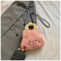 Borsa a tracolla in peluche rosa con consistenza riccia e manico giallo decorato - Coniglietto Rosa
