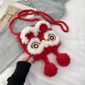 Mini borsa a tracolla rossa in peluche con design leone e ricami festivi di lusso - Grande Danza del Leone