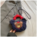 Cute dark blue plush crossbody bag with bear embroidery and red circular handle - Navy Blue Bear