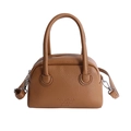 Minimalist caramel brown leather baguette bag with litchi texture and top handles - Brown