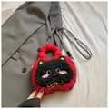 Cute black cat plush crossbody bag with red fluffy handle and embroidered whiskers - Red Black Cat