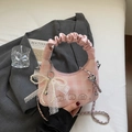 Sac à main rose à carreaux avec broderie ours et breloque décorative en nœud de perles - Avec Pendentif en Perles et Dentelle / Rose