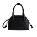Minimalist black pebble leather Boston handbag with cylindrical handles and shoulder strap - Black