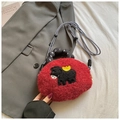 Cute burgundy plush shoulder bag with cartoon embroidery and woven handles - Red Horse