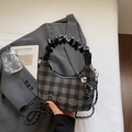 Chic grey plaid handbag with pleated cloud handle and cute bear embroidery detail - Without Pearl Lace Charm / Black