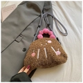 Cute brown plush crossbody bag with cherry embroidery and pink handle for women - Brown Cherry Pudding