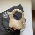 Beige plaid handbag with cute cartoon bear embroidery and stylish ruched handle - Without Pearl Lace Charm / Off White