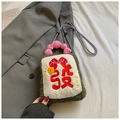 Green plush crossbody phone bag with embroidered rich design and pink wavy handle - Green Lucky Fa