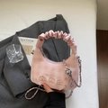 Pink checkered handbag with cute animal embroidery and ruched cloud handle and chain - Without Pearl Lace Charm / Pink