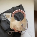 Chic beige checkered handbag with pink pleated handle and bear embroidery detail - Without Pearl Lace Charm / White and Pink