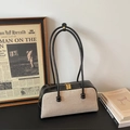 Borsa baguette retrò in tela crema e pelle nera con lunghi manici tubolari - Nero senza Ciondolo