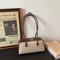 Brown leather and beige canvas shoulder bag with dual gold zippers and retro design - Coffee without Pendant