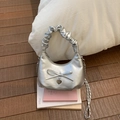 Silver metallic bucket bag with pleated handle and heart bow pendant charm decoration - Silver
