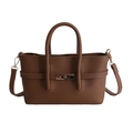 Minimalist brown pebbled leather handbag with double handles and metal buckle detail - Brown (Without Pendant)