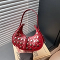 Fashionable red crescent shoulder bag with silver rivet studs for women's casual style - Red