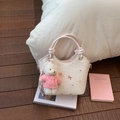 Cream crossbody bucket bag with cat prints and a cute plush bear charm decoration - Cream White with Pendant