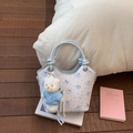 Light blue bucket bag with cartoon heart patterns and a cute teddy bear charm - Blue with Pendant