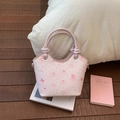 Pink crossbody bucket bag with sweet cupcake and bow prints, textured faux leather finish - Pink Without Pendant
