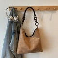 Brown frosted suede tote bag featuring a unique dark beaded handle and vintage hobo style - No Pendant / Khaki