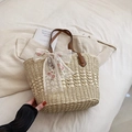 Bolso tote de paja beige con asas de cuero marrón y lazo de encaje floral rosa - Beige