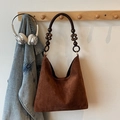 Vintage brown suede tote bag with unique dark brown wooden beaded shoulder strap - No Pendant / Brown