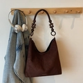 Retro dark brown suede tote bag featuring a unique wooden bead strap and hobo silhouette - No Pendant / Coffee