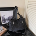 Vintage washed denim blue shoulder bag with dual zipper pockets and silver hardware detail - Black