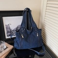 Minimalist navy blue denim tote bag with vertical zippers and silver hardware - Dark Blue