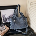 Retro denim blue crossbody bag with vintage washed texture and metallic zippers - Light Blue