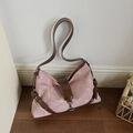 Pink suede and brown leather hobo shoulder bag with belt buckle and adjustable strap - Pink Without Pendant