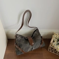 Retro grey canvas underarm shoulder bag with brown leather straps and silver buckle detail - Coffee without Pendant