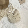 Borsa a spalla beige lavorata a mano all'uncinetto con motivi floreali da spiaggia - Stile con cerniera / Bianco Sporco