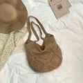 Borsa a spalla fatta a mano all'uncinetto toni terra con motivi traforati e fodera marrone - Stile con cerniera / Cachi
