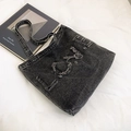Bolso tote vintage de denim negro lavado con bordado LOVE y gran capacidad interior - Negro