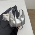 Silver metallic hobo shoulder bag with pearl strap and lace bow, trendy underarm dumpling bag - With Pendant / Silver