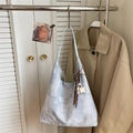 Blue and grey woven canvas hobo bag with a decorative coffee cup tassel charm - Blue with Pendant